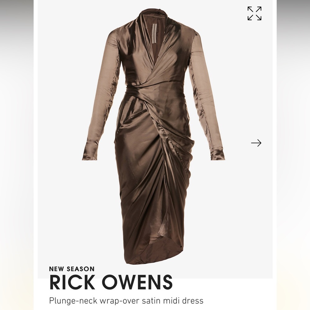 Rick Owens (New Season) Plunge-neck wrap-over satin midi dress in Dust NWT